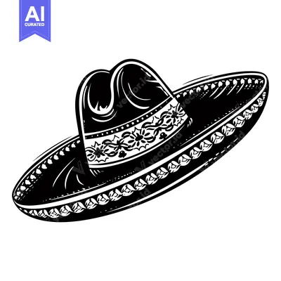 Aset desain premium: Black and White Illustration of a Traditional Mexican Sombrero