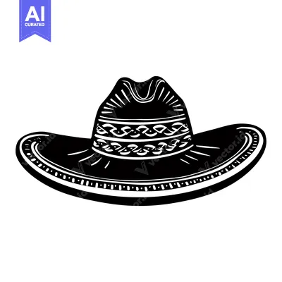Aset premium populer: Black and White Illustration of a Wide-Brimmed Cowboy Hat with Intrica