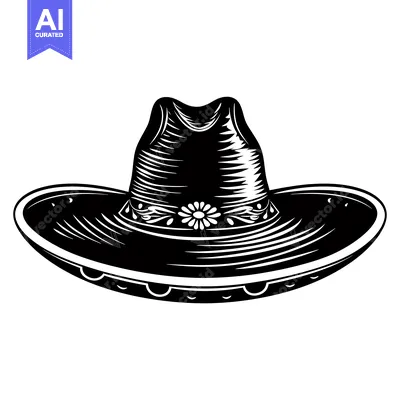 Aset desain premium: Black and White Illustration of a Sombrero with a Flower Design
