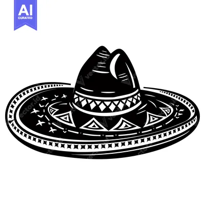 Aset desain premium: Black and White Illustration of a Traditional Mexican Sombrero Hat