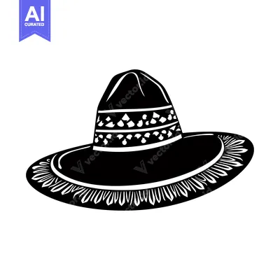 Aset desain premium: Black and White Illustration of a Sombrero with a Wide Brim and a Deta