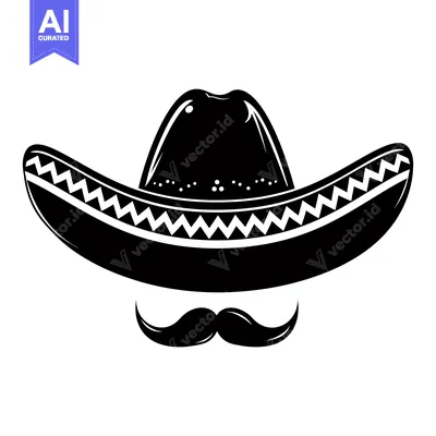 Aset desain premium: Black and white illustration of a sombrero and a mustache