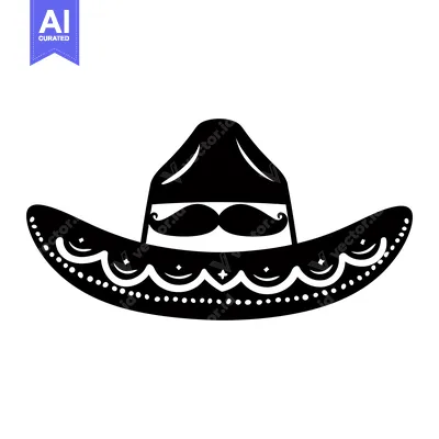 Aset desain premium: Black and White Illustration of a Sombrero with Mustache