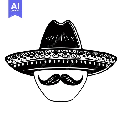 Aset premium populer: Black and White Illustration of a Man Wearing a Sombrero