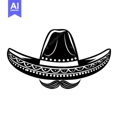 Aset desain premium: Black and White Sombrero with Mustache Illustration