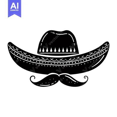 Aset desain premium: Black and White Silhouette of a Sombrero and Mustache