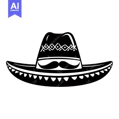 Black and White Illustration of a Sombrero with a Mustache