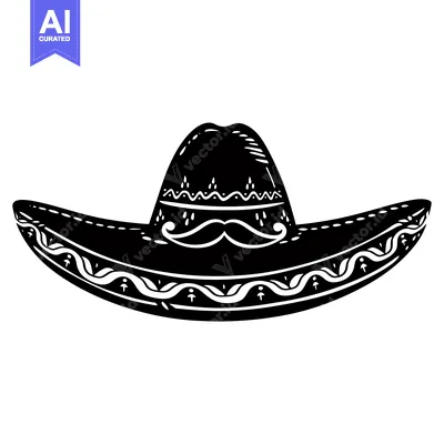 Aset desain premium: Black and White Illustration of a Sombrero with a Mustache