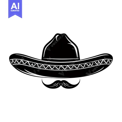 Aset desain premium: Black and White Silhouette of a Sombrero and Mustache