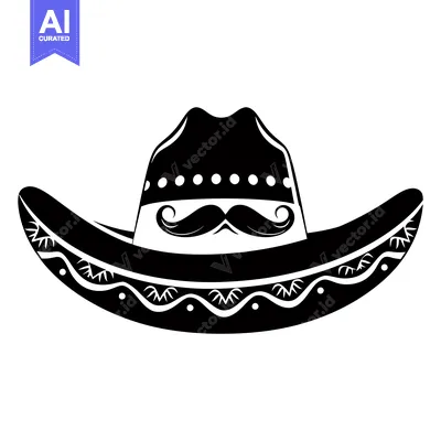 Black and White Illustration of a Sombrero with a Mustache