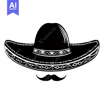 Aset desain premium: Black and White Silhouette of a Sombrero with Mustache