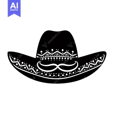Black and White Illustration of a Sombrero with Mustache