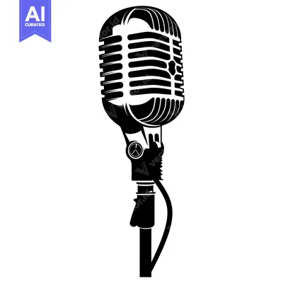 Aset premium populer: Retro Microphone with Stand and Cable in Black and White