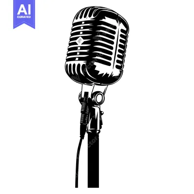 Black and White Illustration of a Vintage Microphone on a Stand