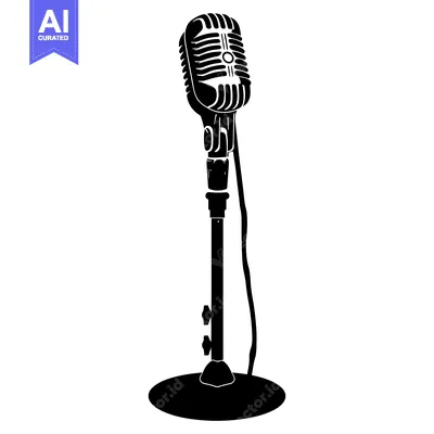 Aset premium populer: A Black and White Silhouette of a Vintage Microphone on a Stand