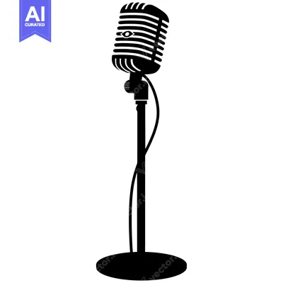 Black and White Illustration of a Vintage Microphone on a Stand