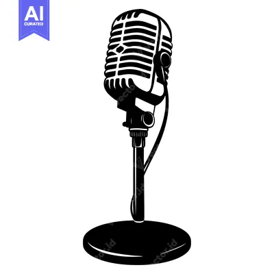 Black and White Illustration of a Vintage Microphone on a Stand