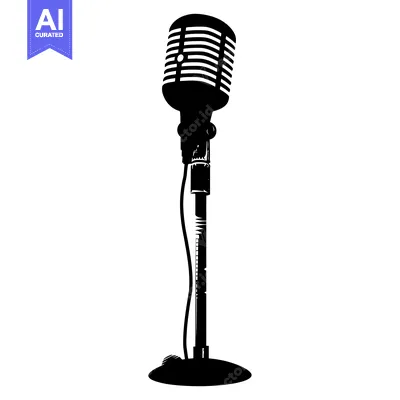 Aset premium populer: Black and White Silhouette of a Retro Microphone on a Stand