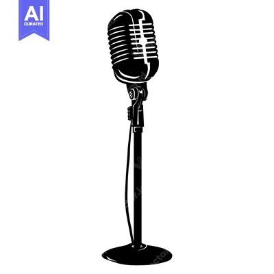 Black and White Illustration of a Vintage Microphone on a Stand
