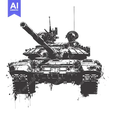 A black and white illustration of a military tank with a grunge effect