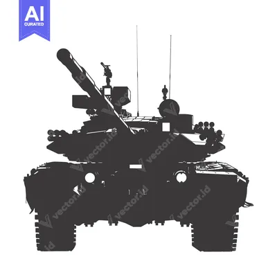 Aset desain premium: A black and white silhouette of a military tank with a large cannon