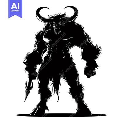 Aset desain premium: A Silhouetted, Muscular Minotaur Holding a Weapon