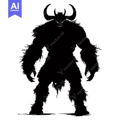 Aset premium populer: Black and white silhouette of a monstrous creature with horns and fang