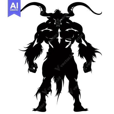 Aset desain premium: A Black Silhouette of a Muscular Anthropomorphic Bull With Horns
