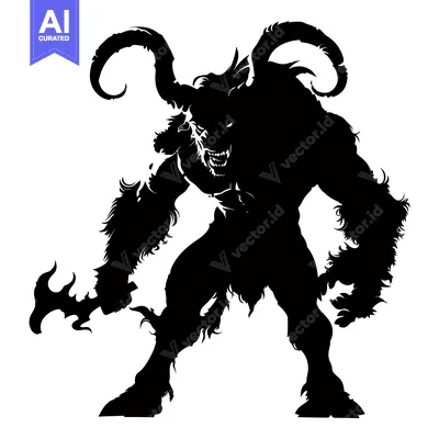Aset desain premium: Silhouette of a Ferocious, Horned, Furry Creature with a Weapon