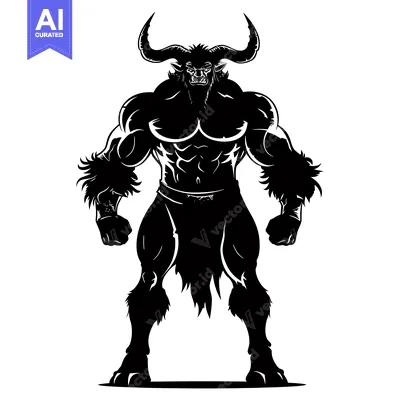 Aset desain premium: Silhouette of a Powerful, Muscular Minotaur with Horns and Furs