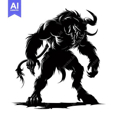 Aset desain premium: Black and White Silhouette of a Ferocious Minotaur