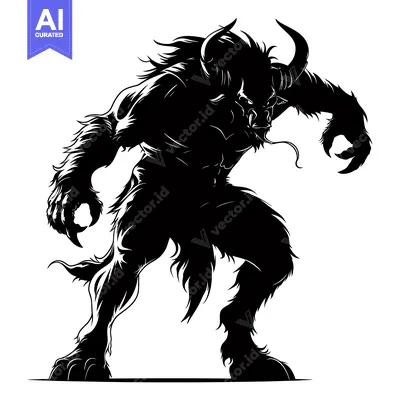Aset desain premium: Black and White Silhouette of a Minotaur Monster