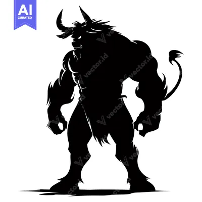 Aset desain premium: Silhouette of a Muscular Minotaur with Flaring Horns