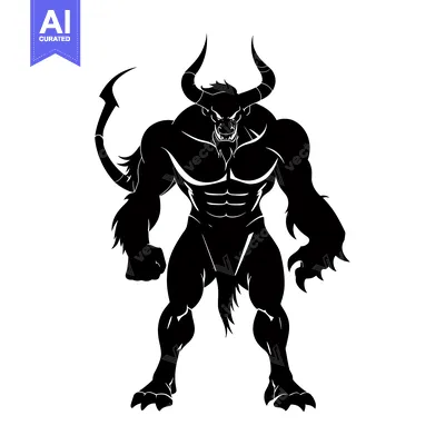 Aset desain premium: Black and White Silhouette of a Bull Demon with Horns and a Tail