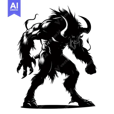 Aset premium populer: Black and White Silhouette of a Mythical Creature with Horns and Claws