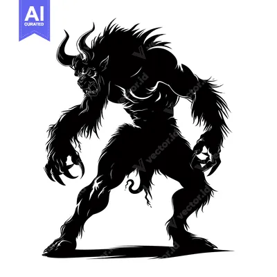 Aset premium populer: A black silhouette of a menacing, furry, horned beast with claws