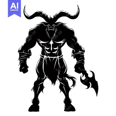 Aset desain premium: Muscular Minotaur with Horns and a Bladed Weapon