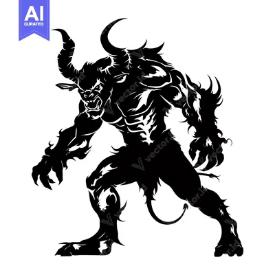 Aset desain premium: Black and White Silhouette of a Muscular Demon with Horns and Claws