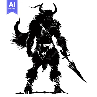 Premium design asset: Black and White Silhouette of a Minotaur Warrior Holding a Spear