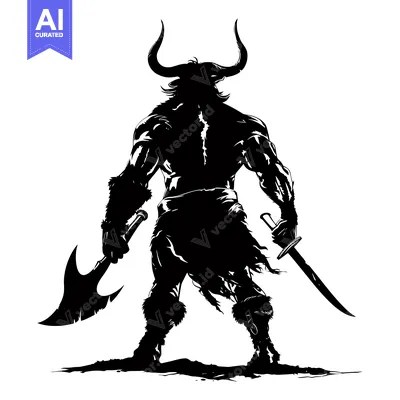 Aset premium populer: Silhouette of a Minotaur Warrior Holding an Axe and Sword