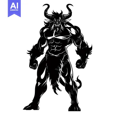Aset desain premium: Black and white silhouette of a muscular minotaur