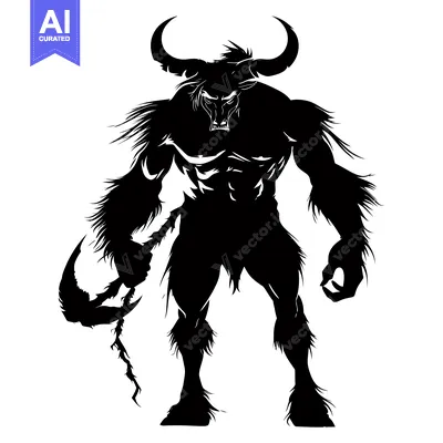 Aset desain premium: Silhouette of a Muscular Minotaur with Horns and a Tail