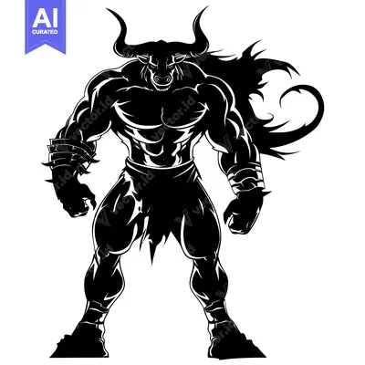 Aset desain premium: Black and White Silhouette of a Muscular Bull-Headed Warrior