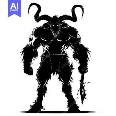 Aset desain premium: Silhouette of a Muscular, Horned, and Bearded Beast Holding a Weapon