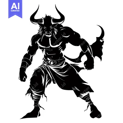 Premium design asset: A Black and White Silhouette of a Minotaur with Muscular Build
