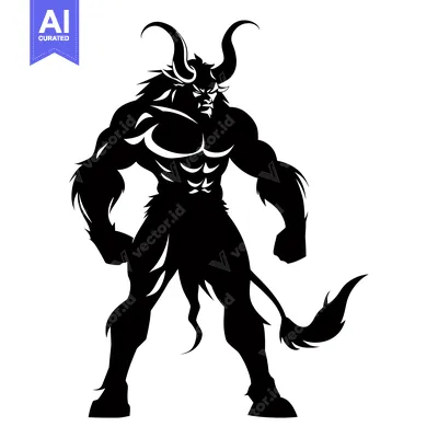Aset premium populer: A Black and White Silhouette of a Muscular Minotaur with Horns