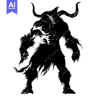 Black and White Silhouette of a Demon with Horns and Fur