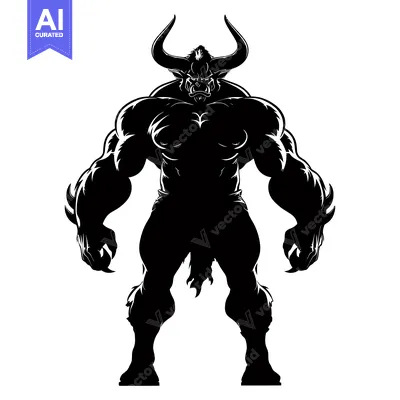 Aset desain premium: Silhouette of a Muscular Minotaur with Horns
