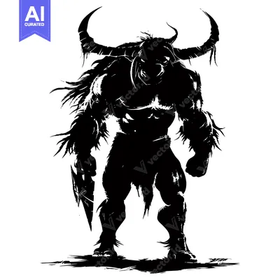 Aset desain premium: Silhouette of a Powerful, Bull-Like Creature with Horns and a Weapon
