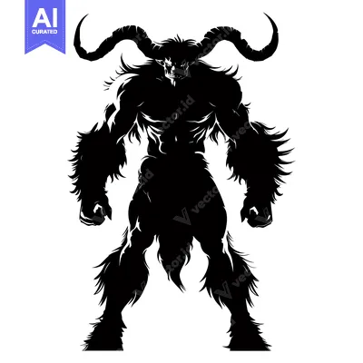 Aset desain premium: Black and White Silhouette of a  Powerful, Muscular, Demonic Creature
